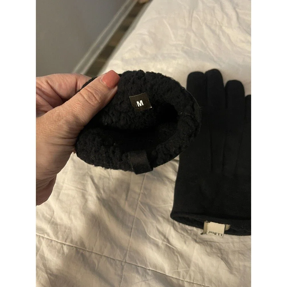 L.L. Bean Town & Field Suede Feel Black Winter Gloves faux Fleece Lining Sz Med